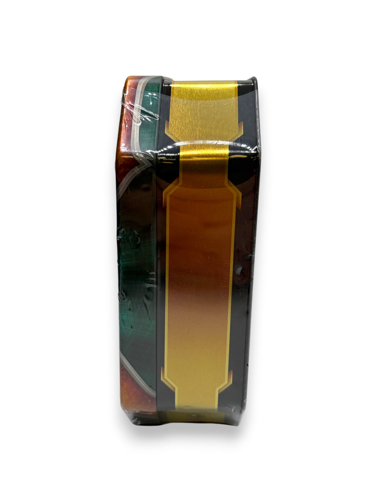Lowkey Stock sealed 2019 Pokemon TCG Dragonite Dragons tin side view featuring metallic gold and green design