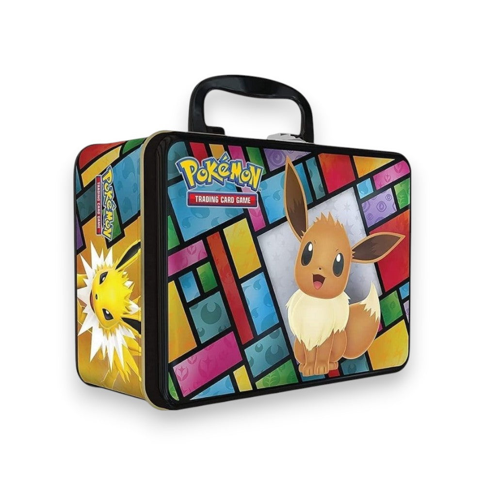 Lowkey Stock Pokémon TCG Eevee Collector Chest 2021 featuring Eevee and Jolteon in a stained glass art style