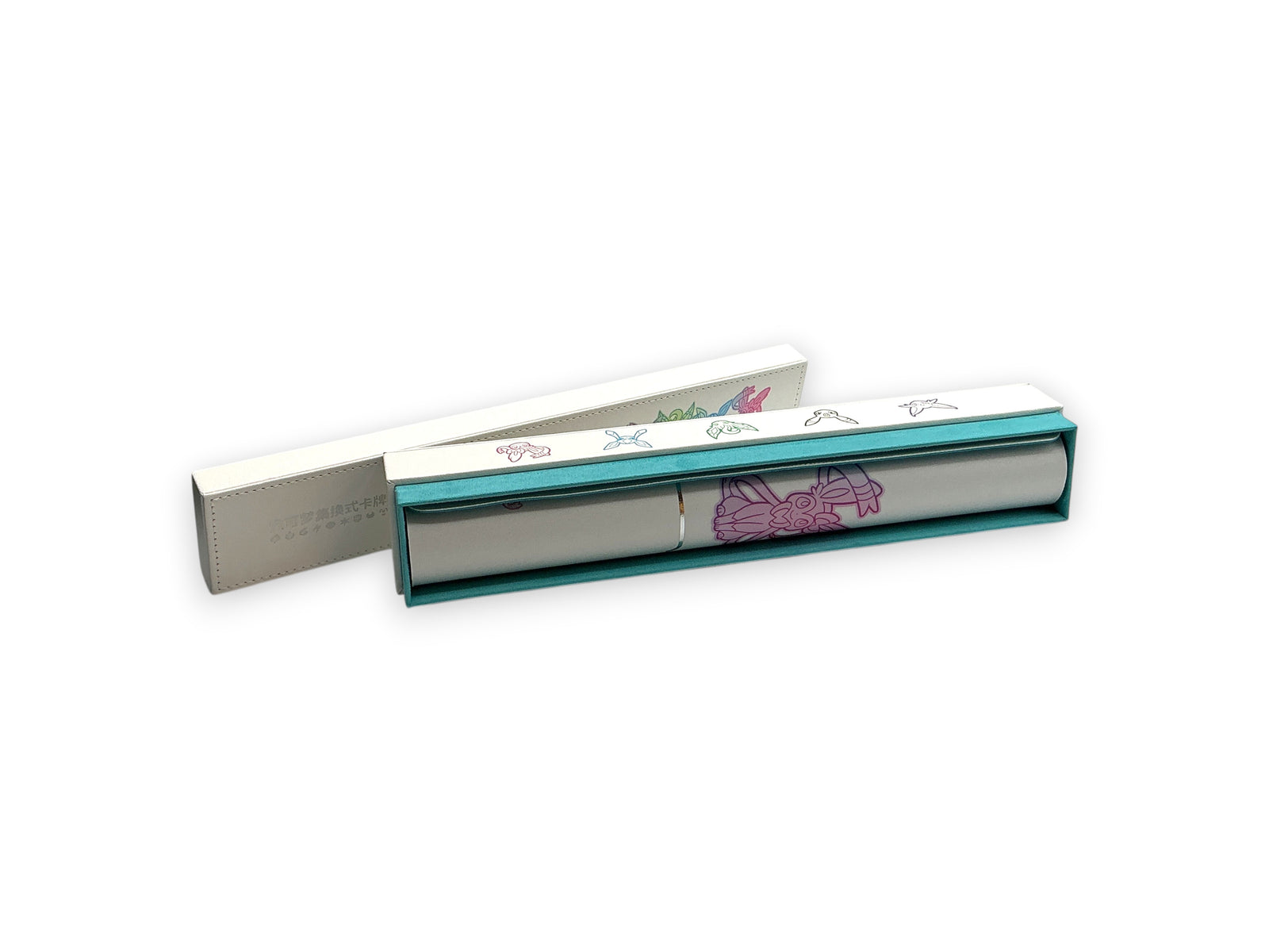 Lowkey Stock Pokemon Eevee gift box set featuring a rolled playmat and storage case with pastel character illustrations