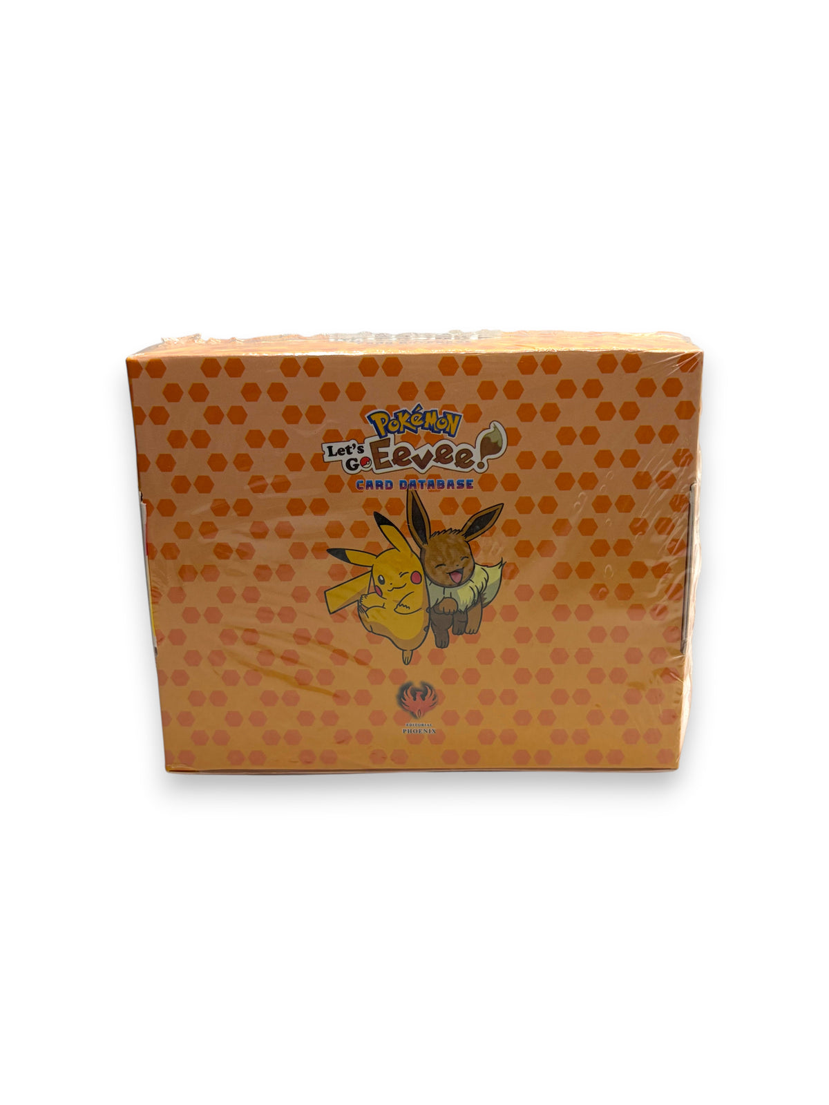 Lowkey Stock sealed Let's Go Eevee Pokémon card database box with orange honeycomb pattern and Pikachu and Eevee art