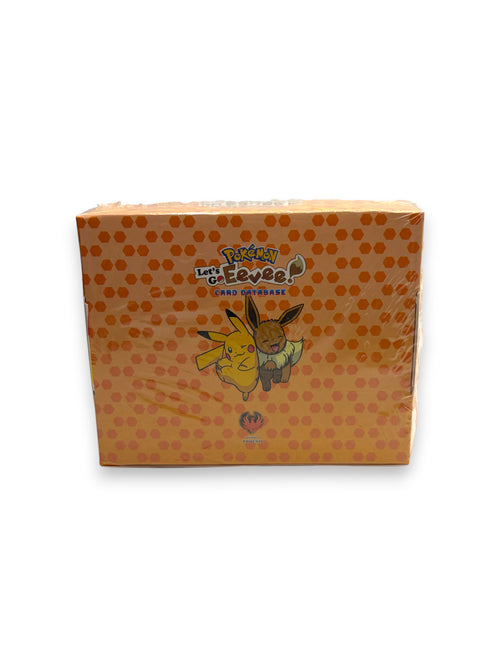 Lowkey Stock sealed Let's Go Eevee Pokémon card database box with orange honeycomb pattern and Pikachu and Eevee art