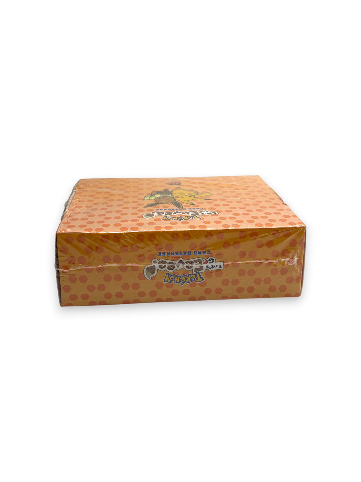 Lowkey Stock sealed Let's Go Eevee Pokémon card database box with orange honeycomb pattern and Eevee character art