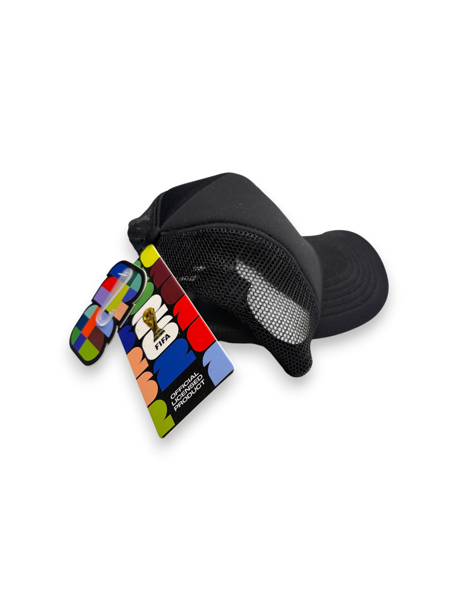 Lowkey Stock black foam trucker hat for FIFA World Cup 2026 with an officially licensed product tag attached