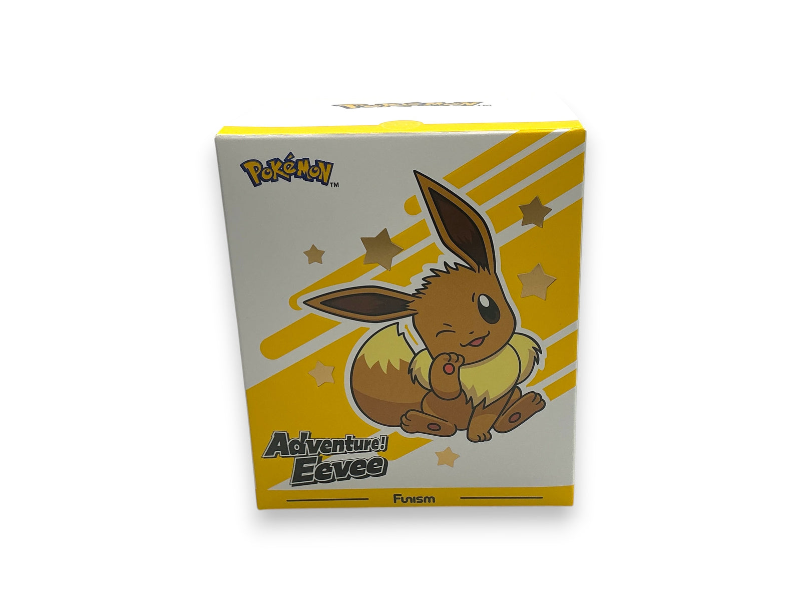 Lowkey Stock Funism Pokemon Adventure Eevee blind box featuring a cute Eevee illustration on a yellow and white box