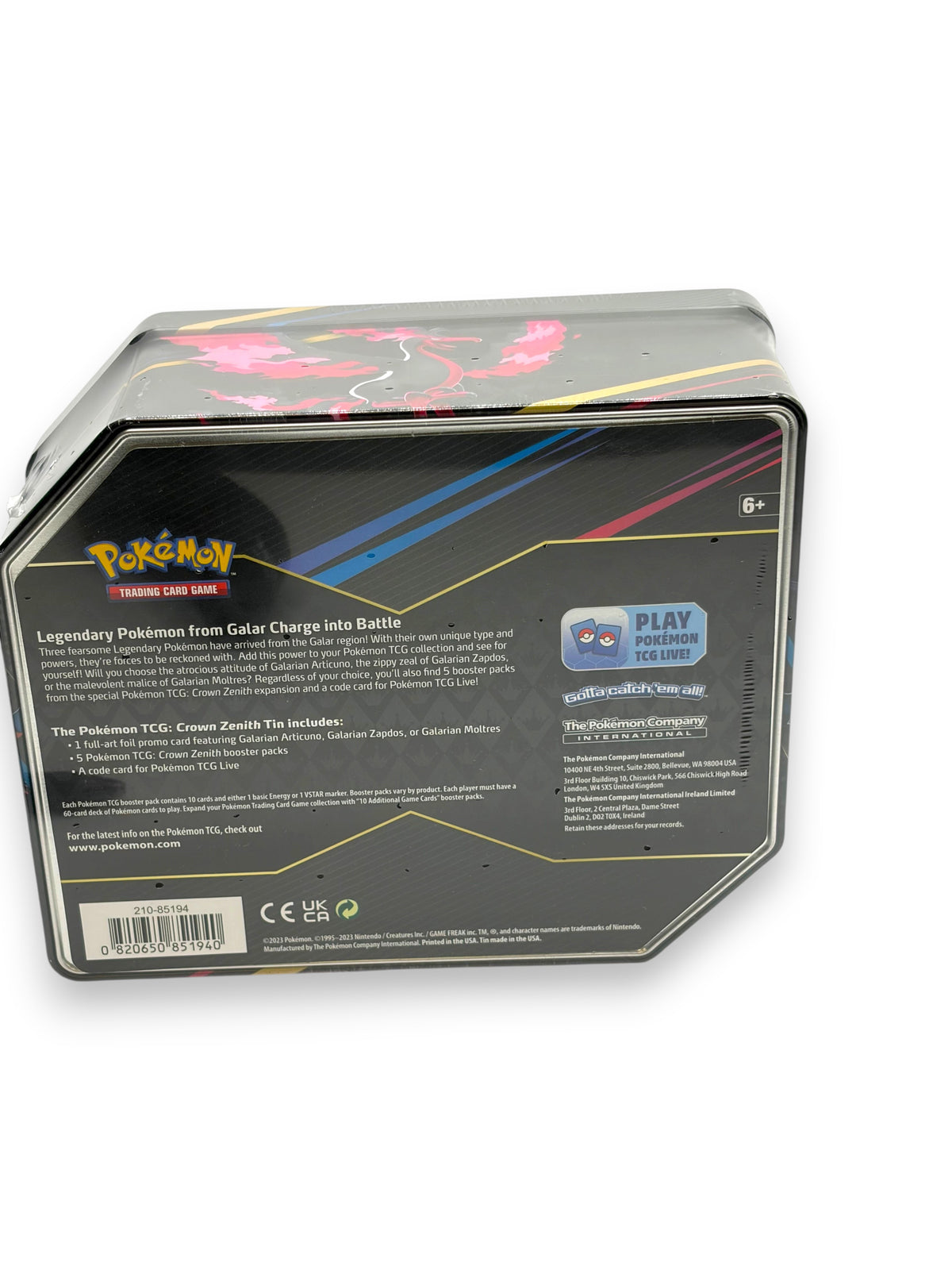 Lowkey Stock Pokemon TCG Crown Zenith Galarian Articuno large collector tin with back product details visible