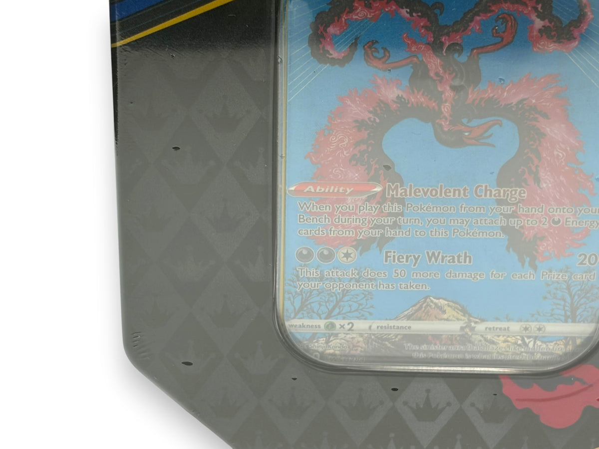 Lowkey Stock Crown Zenith Pokemon TCG Galarian Moltres sealed tin with visible small holes in the plastic wrap