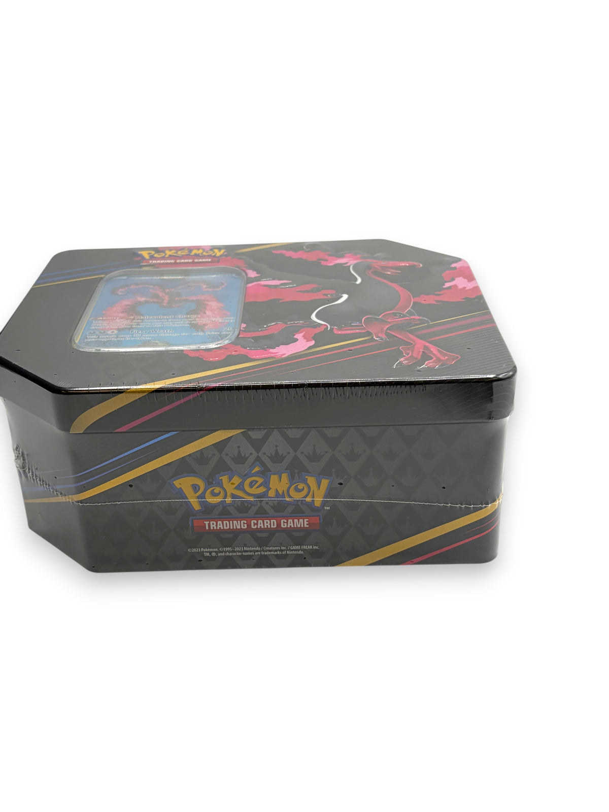 Lowkey Stock Crown Zenith Pokemon TCG Galarian Moltres sealed tin featuring black metal design and 5 booster packs