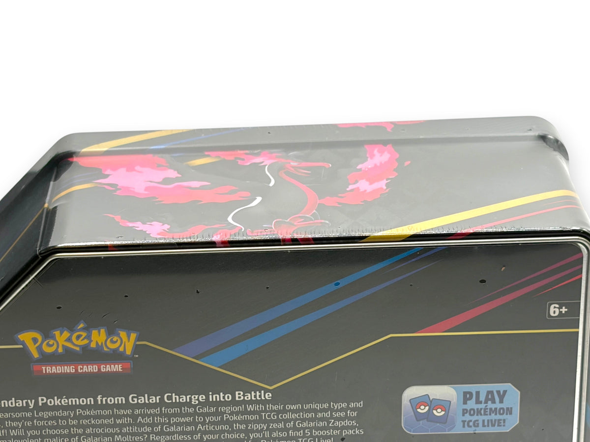 Lowkey Stock Crown Zenith Pokemon TCG Galarian Moltres tin featuring black metal design and factory seal