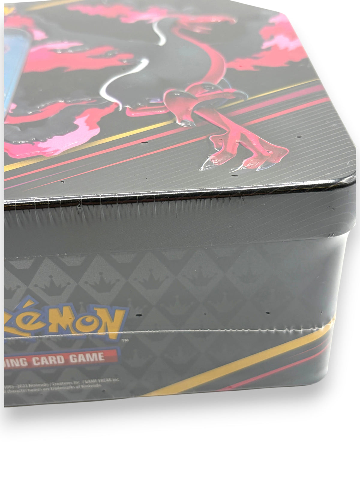 Lowkey Stock Crown Zenith Galarian Moltres Pokemon TCG sealed tin with visible factory seal holes