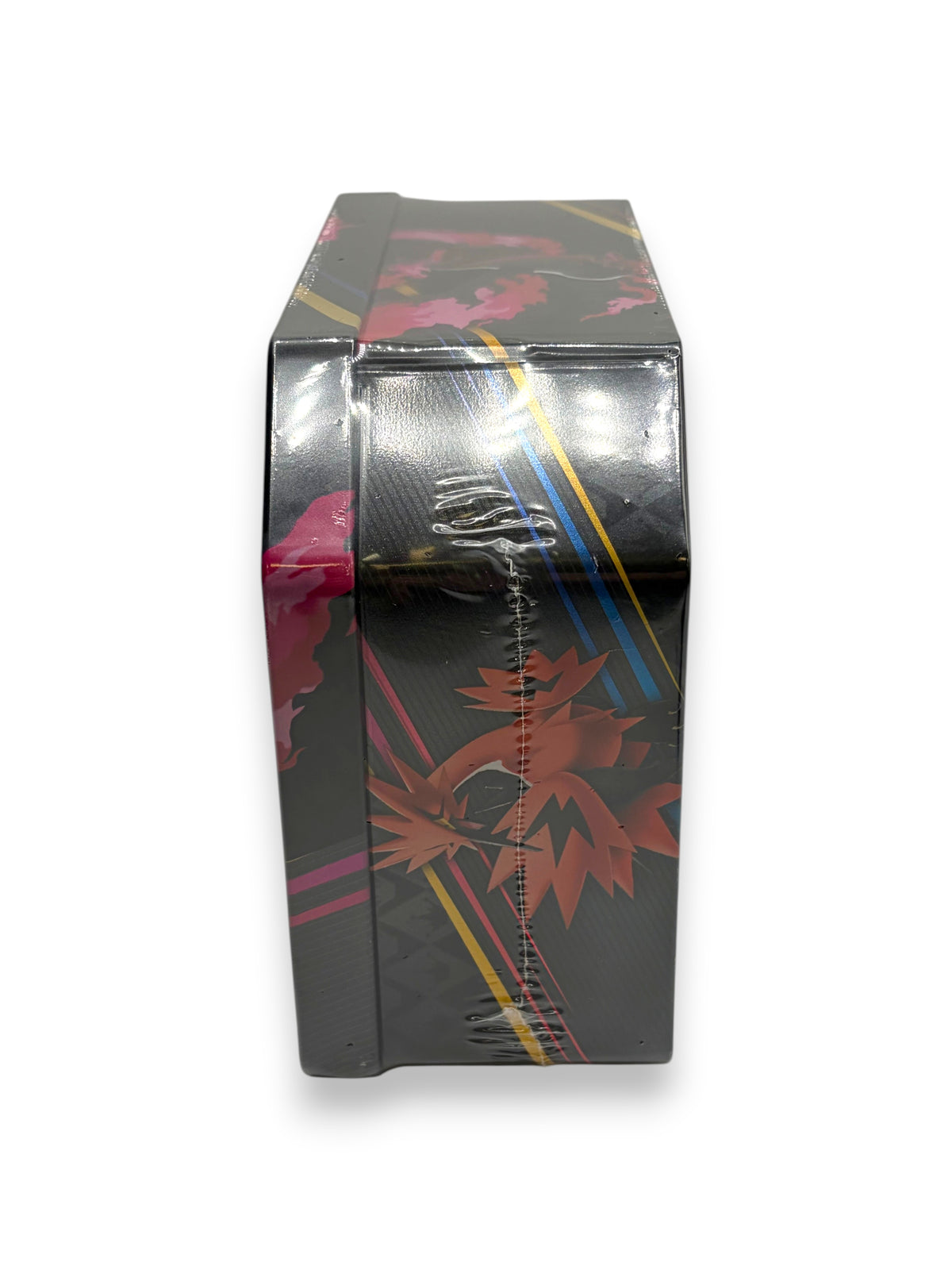 Lowkey Stock Crown Zenith Pokemon TCG Galarian Moltres sealed collector tin side view with plastic wrap