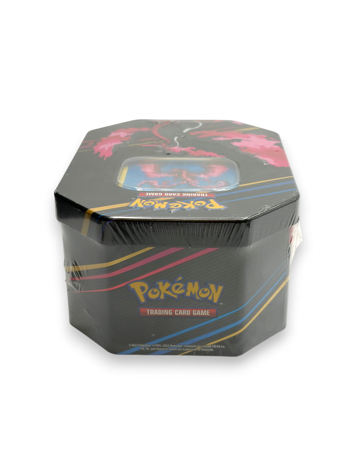Lowkey Stock Pokemon TCG Crown Zenith Galarian Moltres tin featuring black metal design with pink and yellow accents