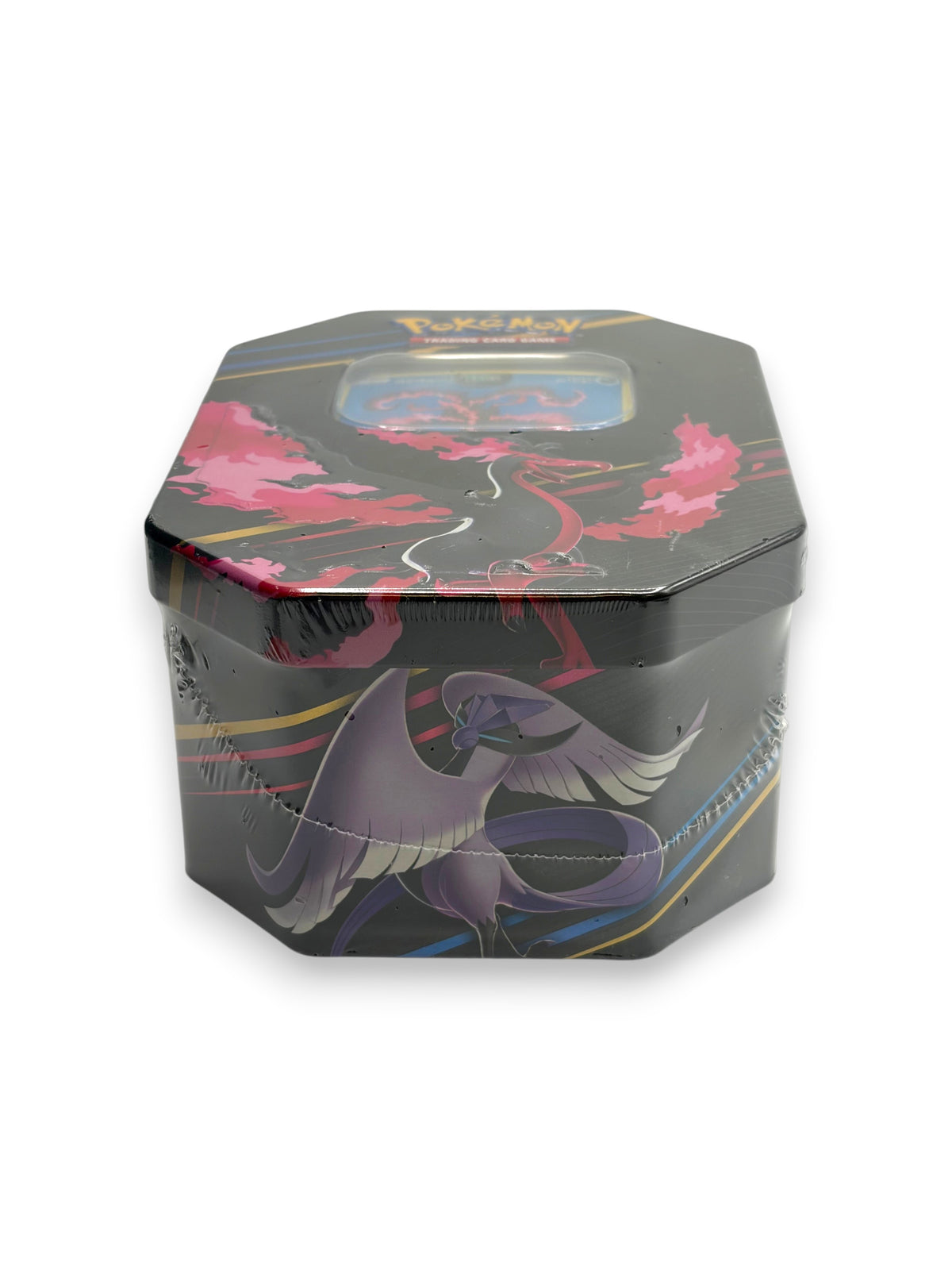 Lowkey Stock Pokemon TCG Crown Zenith Galarian Moltres collector tin featuring purple and black legendary bird art