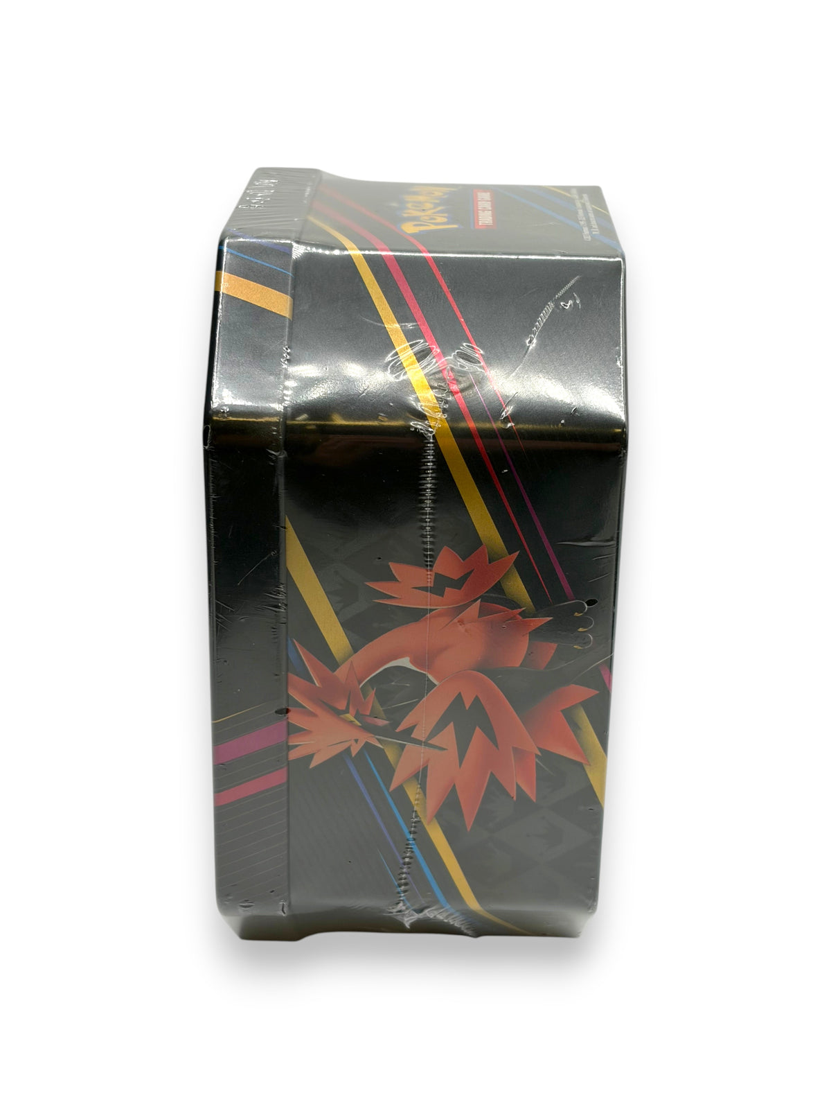 Lowkey Stock Pokemon TCG Crown Zenith Galarian Moltres tin featuring a black metal case with red Moltres artwork