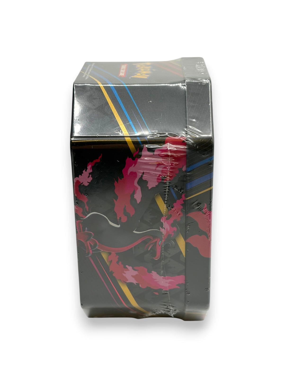 Lowkey Stock Pokemon TCG Crown Zenith Galarian Moltres tin featuring black metal design with red flame graphics
