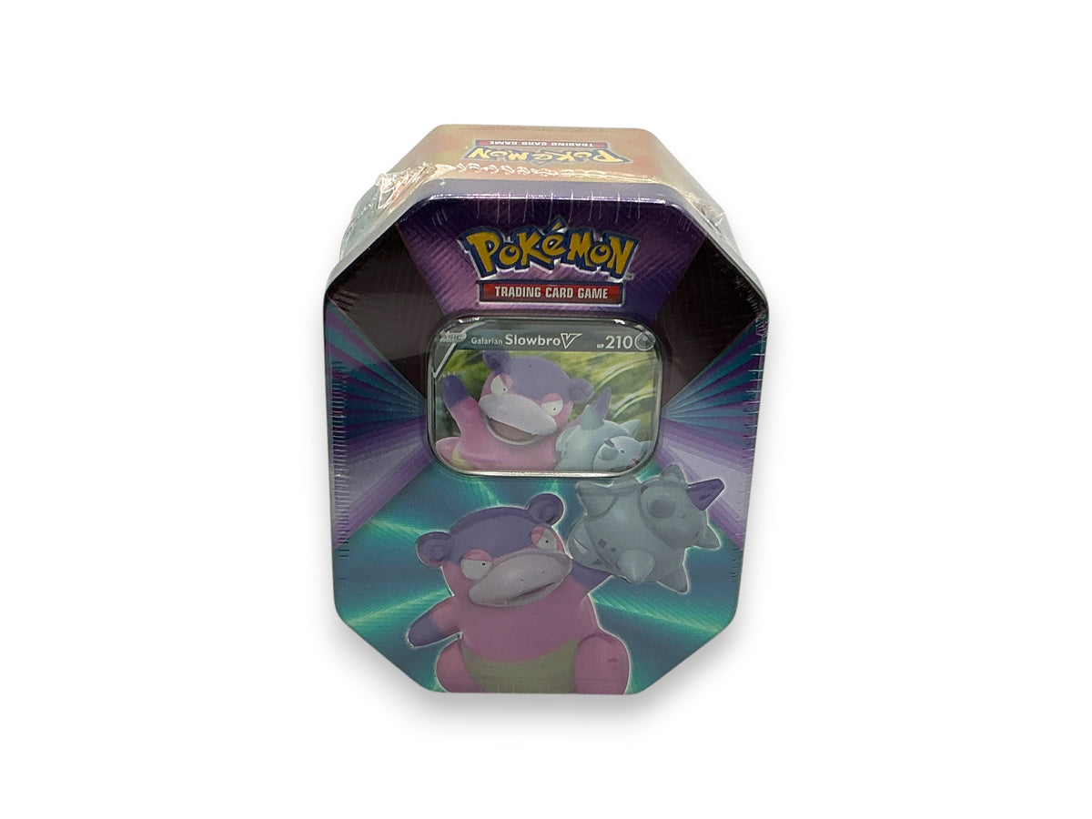 Lowkey Stock Pokemon Galarian Slowbro V trading card tin, factory sealed with purple and teal graphic design.
