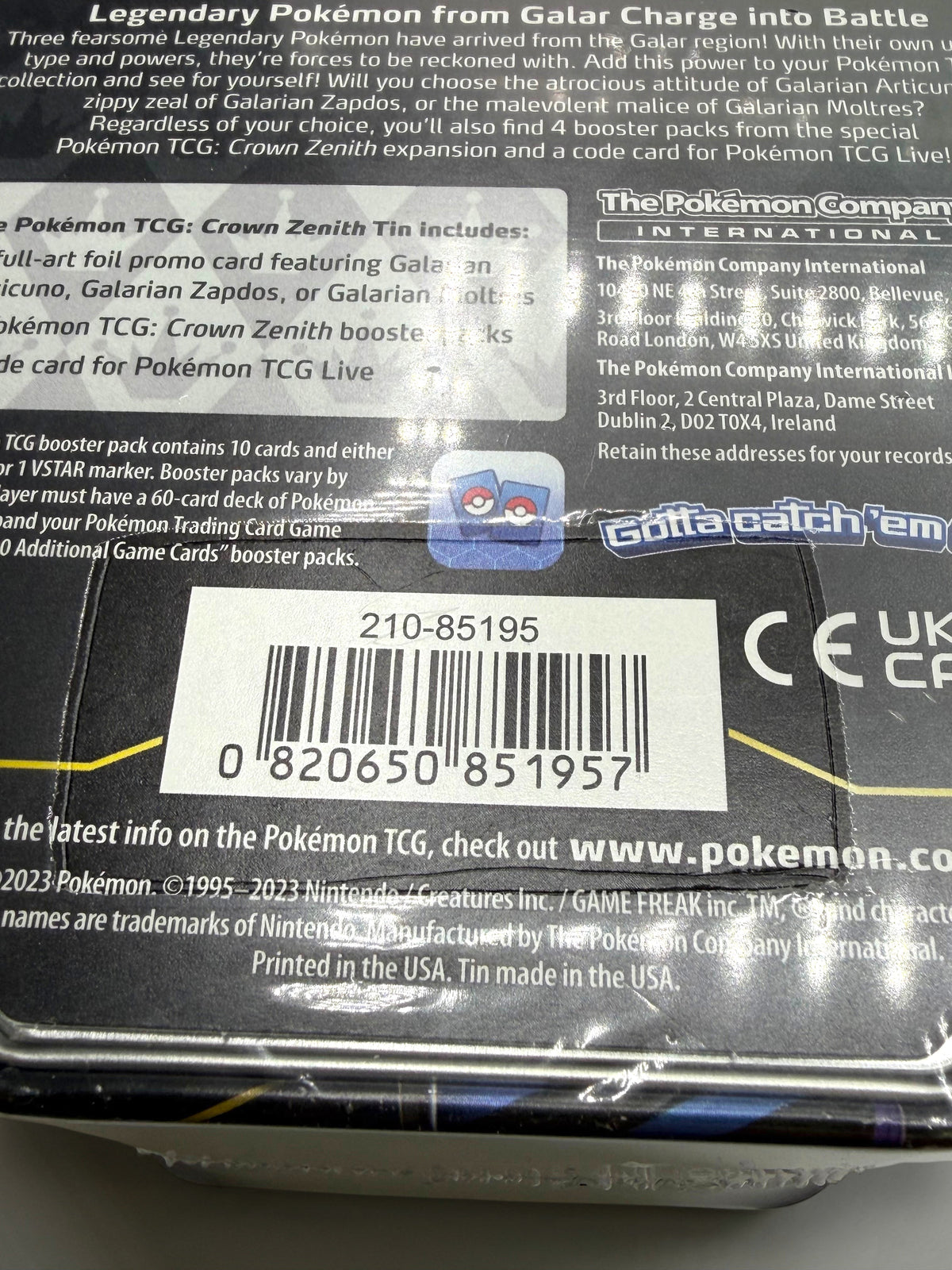 Lowkey Stock sealed Pokemon TCG Crown Zenith Galarian Zapdos tin back view with barcode and product information