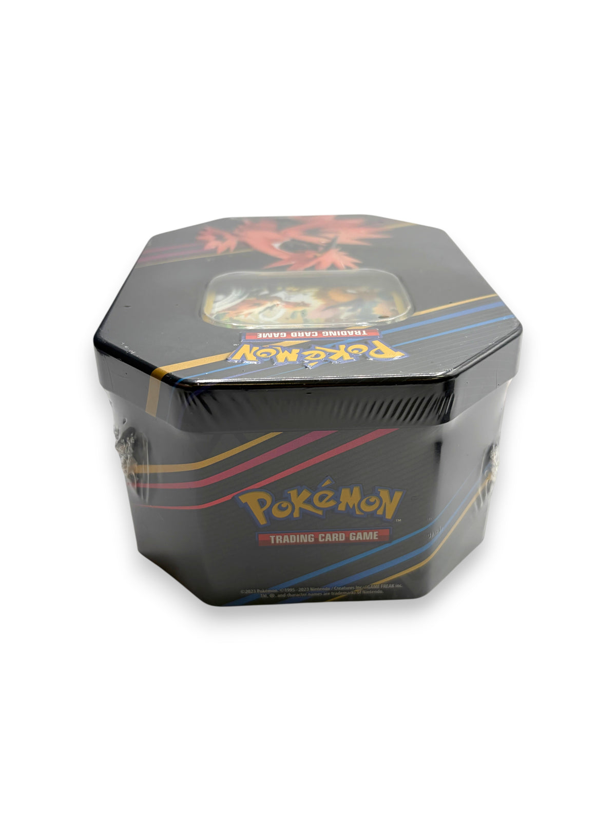 Lowkey Stock sealed Pokemon TCG 2023 Crown Zenith Galarian Zapdos collector tin with black metal finish