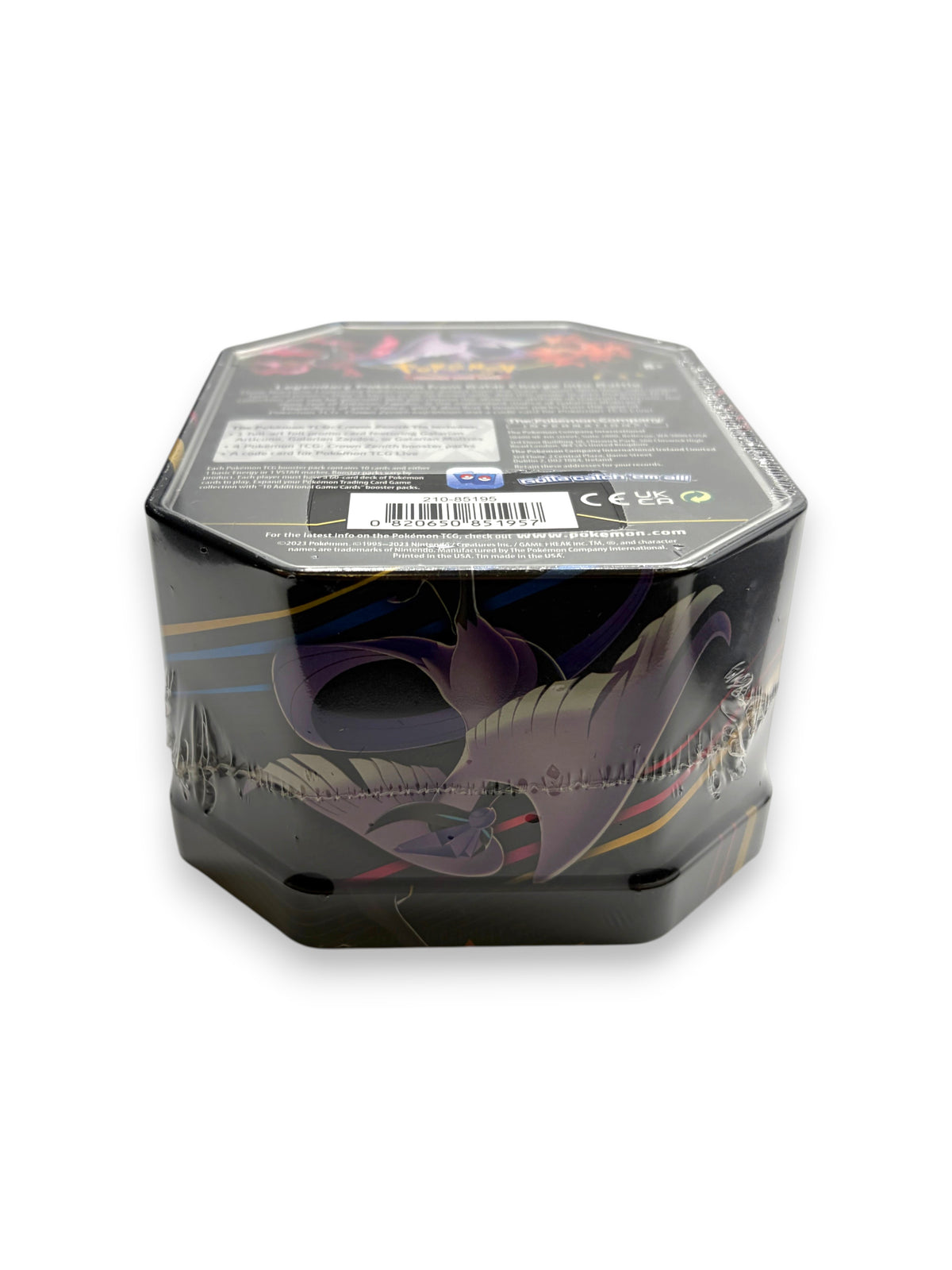 Lowkey Stock sealed Pokemon TCG 2023 Crown Zenith Galarian Zapdos tin showing the back panel and barcode
