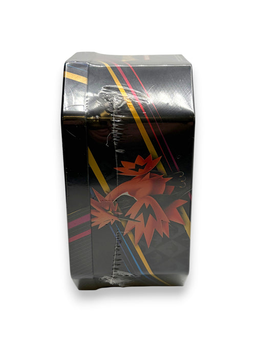 Lowkey Stock sealed Pokemon TCG 2023 Crown Zenith Galarian Zapdos tin featuring black metal with red and yellow accents