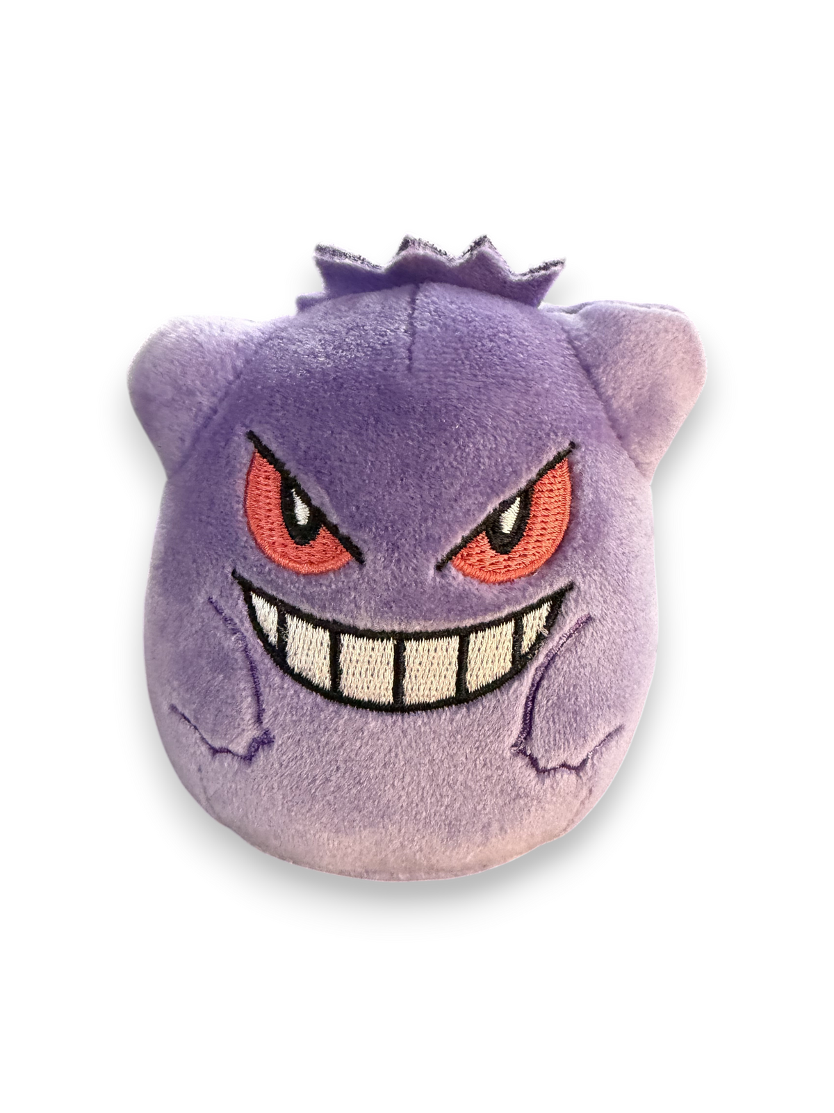 Lowkey Stock purple Gengar plush keychain with embroidered red eyes and a wide mischievous grin