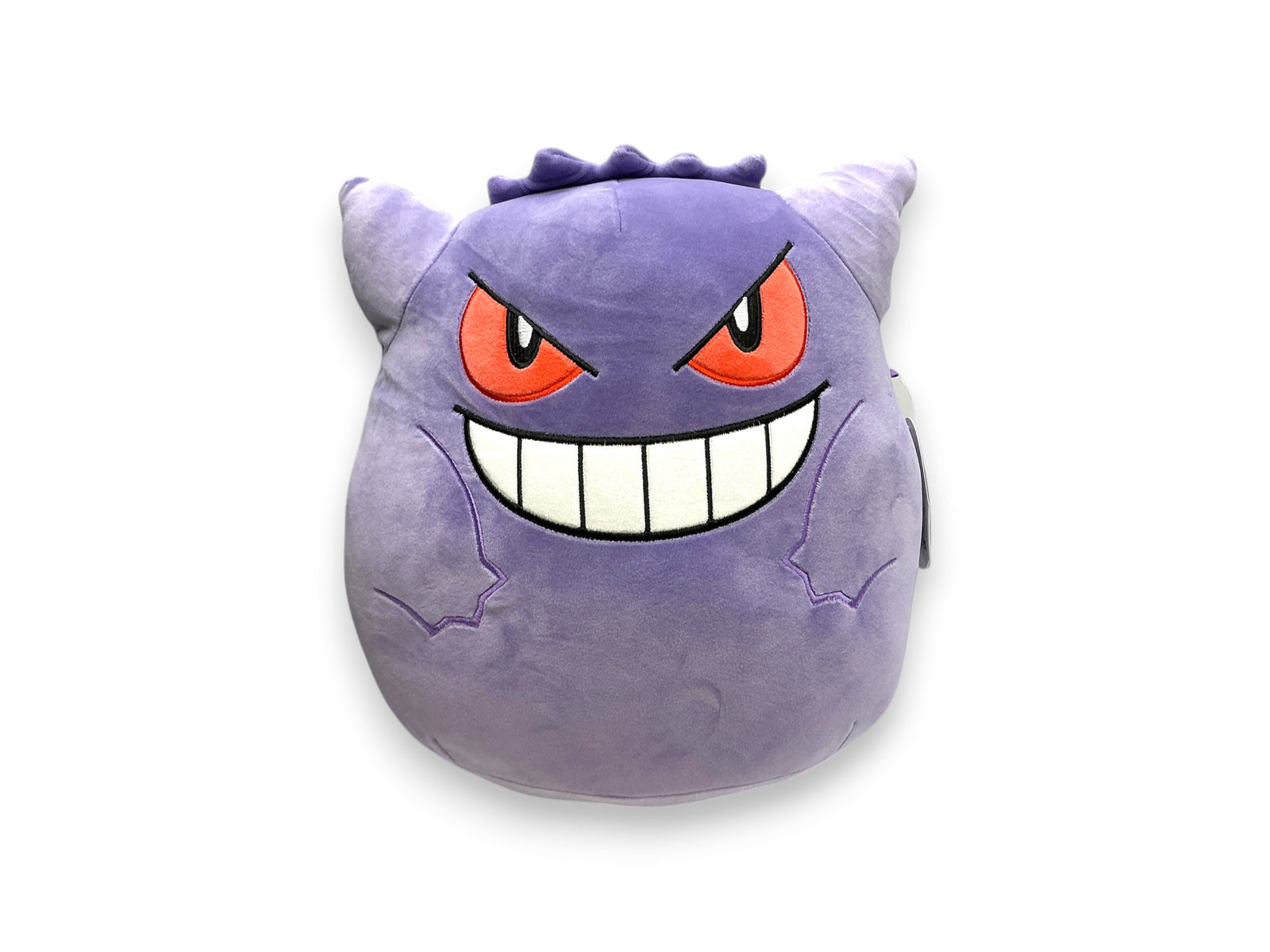 Lowkey Stock 14-inch Gengar plush toy with purple ultrasoft fabric, red eyes, and a wide mischievous grin.