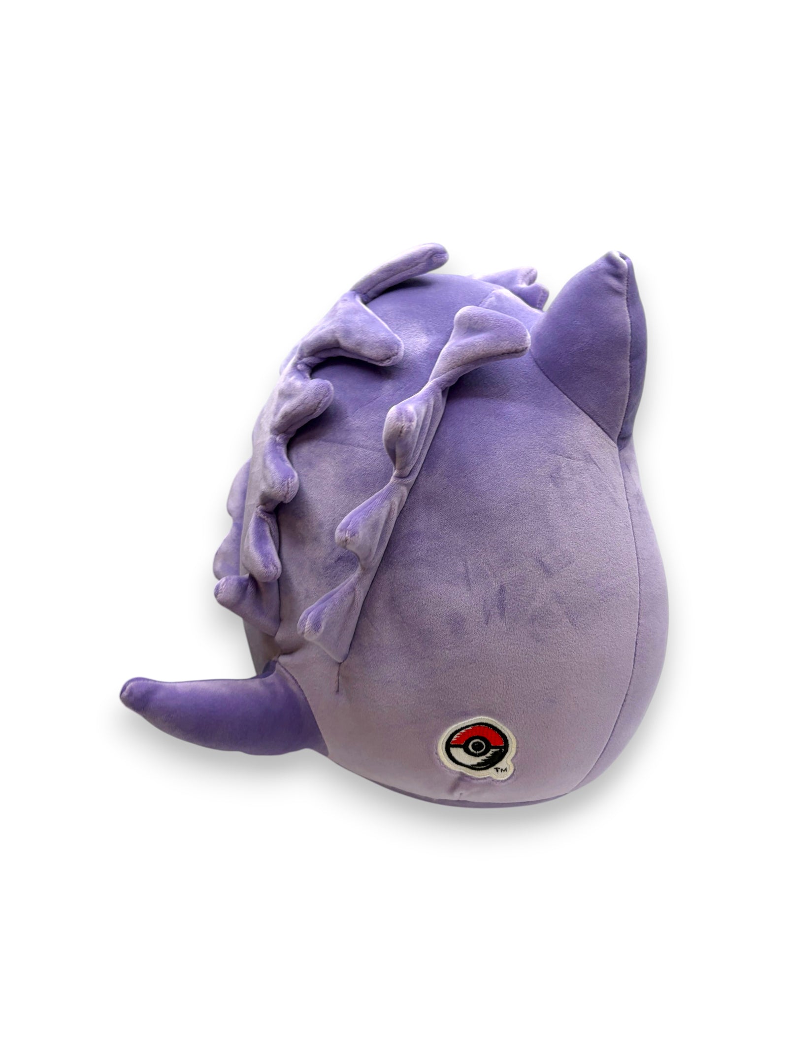Lowkey Stock 14 inch Gengar plush toy in soft purple fabric with a side view showing the iconic back spikes