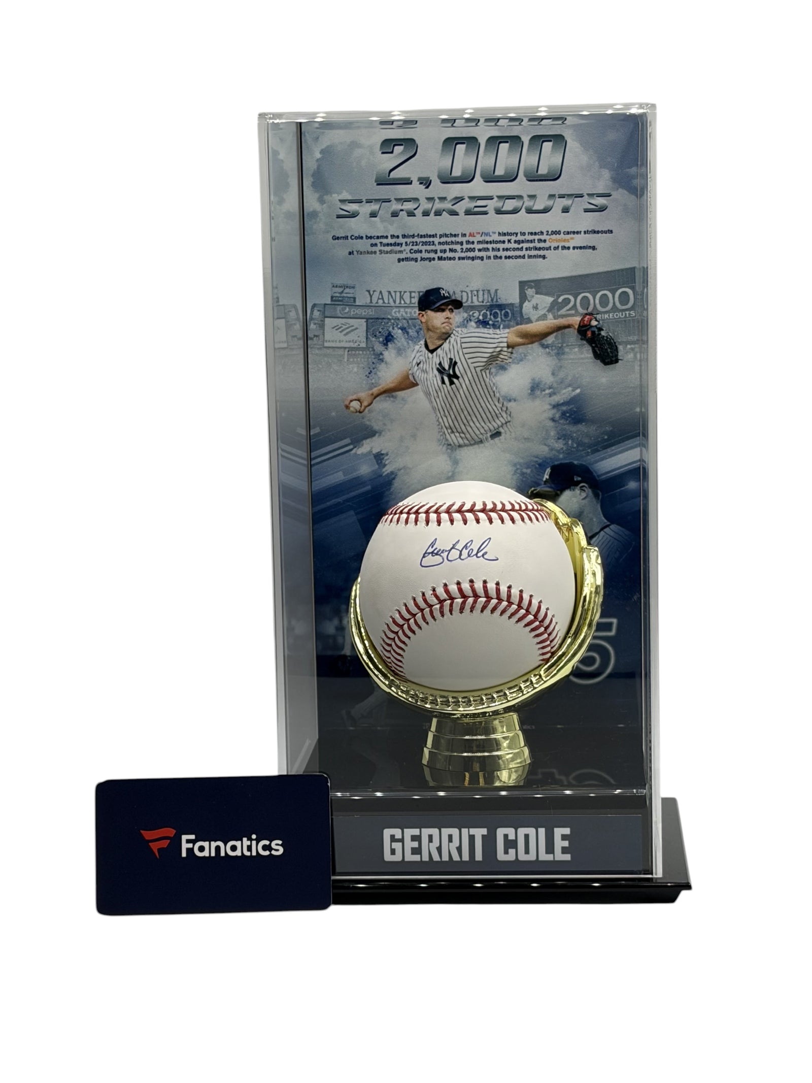 Lowkey Stock autographed Gerrit Cole MLB baseball in a commemorative 2,000 strikeouts display case with FanSecure card