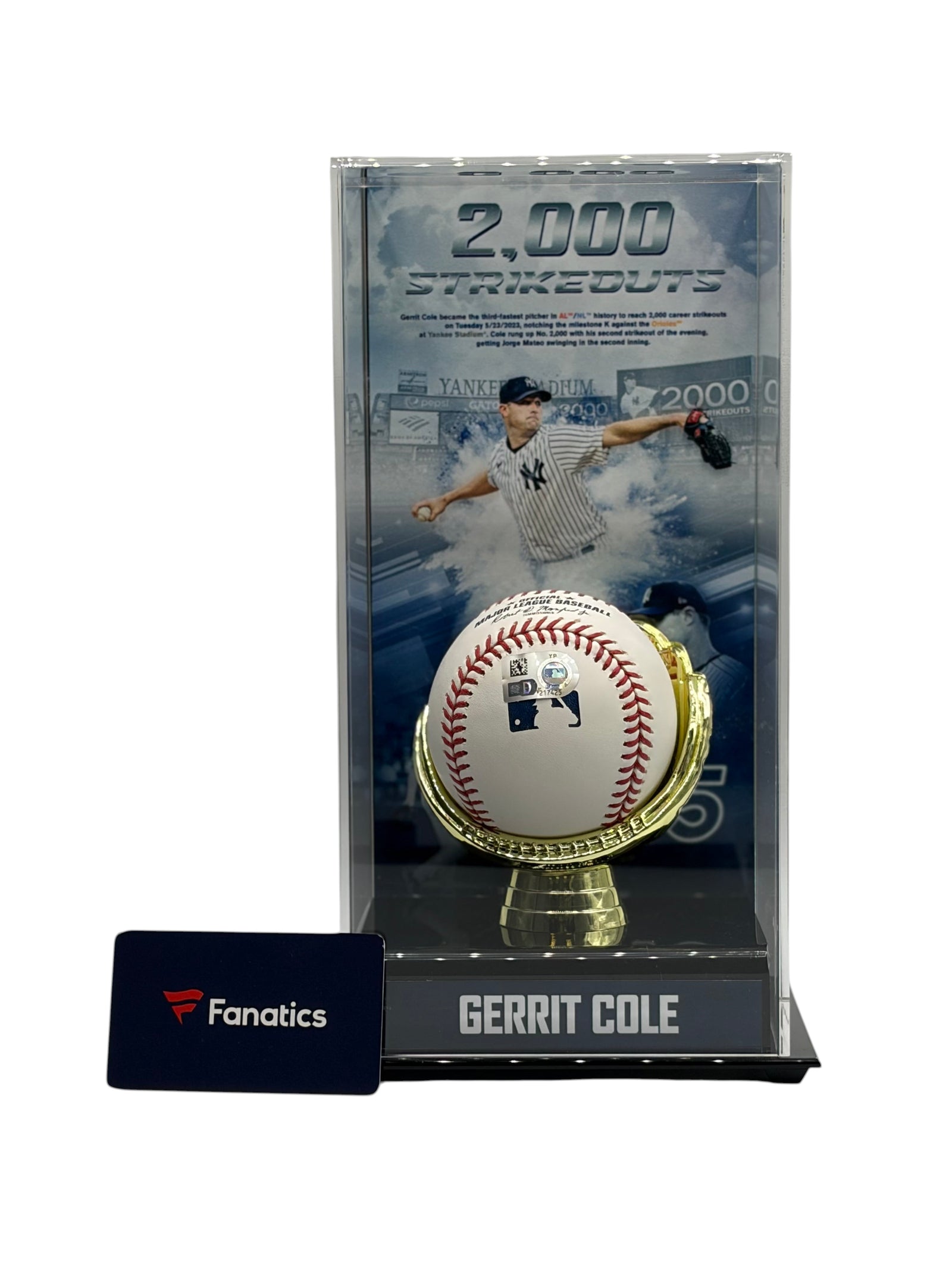 Lowkey Stock autographed Gerrit Cole MLB baseball in a commemorative 2,000 strikeouts display case with Fanatics card