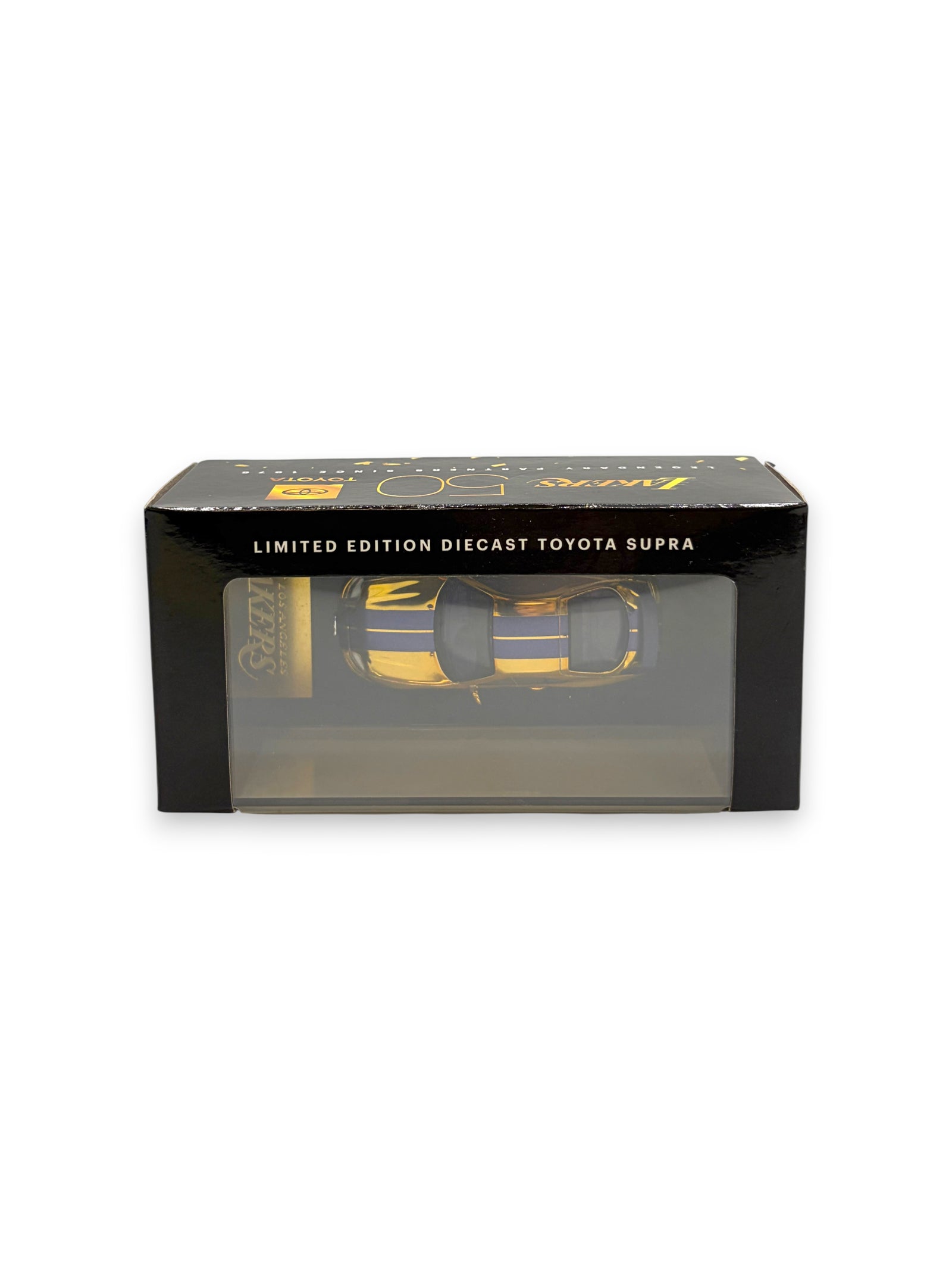 Lowkey Stock limited edition gold diecast Toyota Supra car model in branded Lakers display box