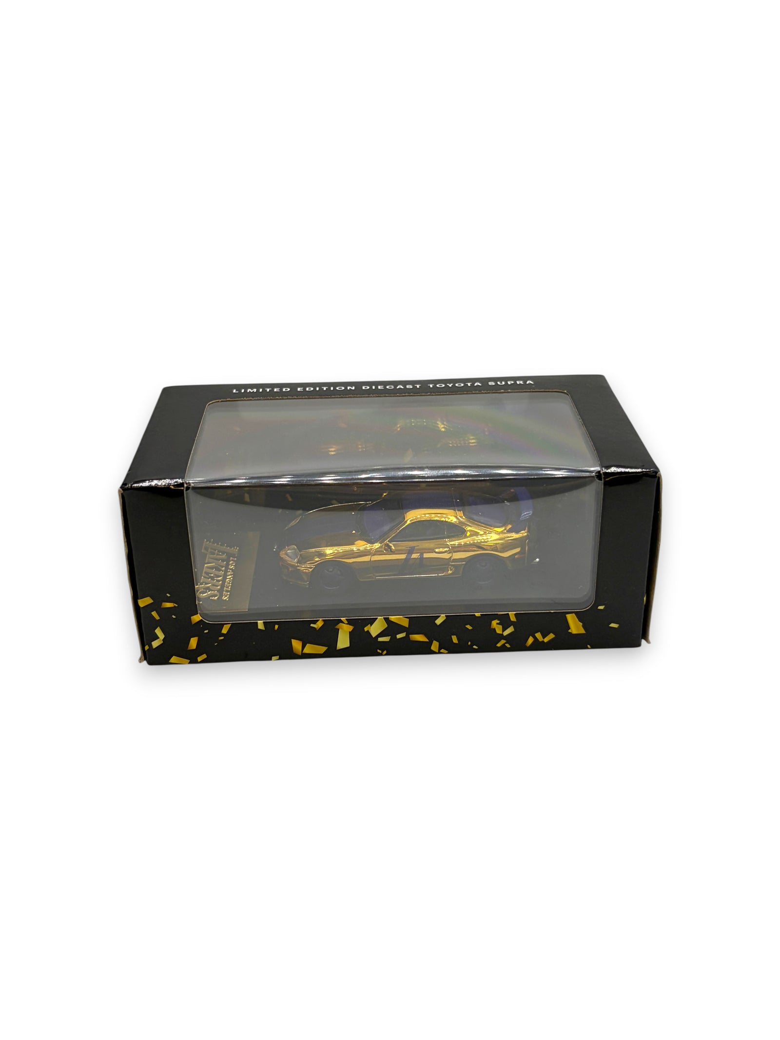 Lowkey Stock limited edition gold diecast Toyota Supra Lakers collectible car in original display box