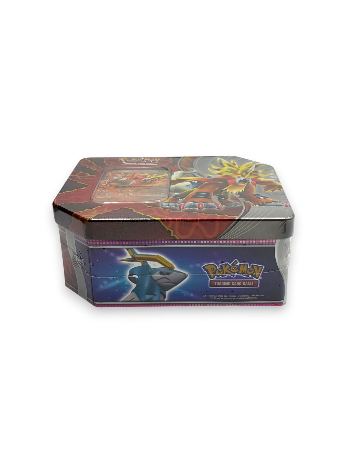 Lowkey Stock sealed Pokemon Paradox Destinies Gouging Fire ex tin featuring Gouging Fire artwork on a metal container