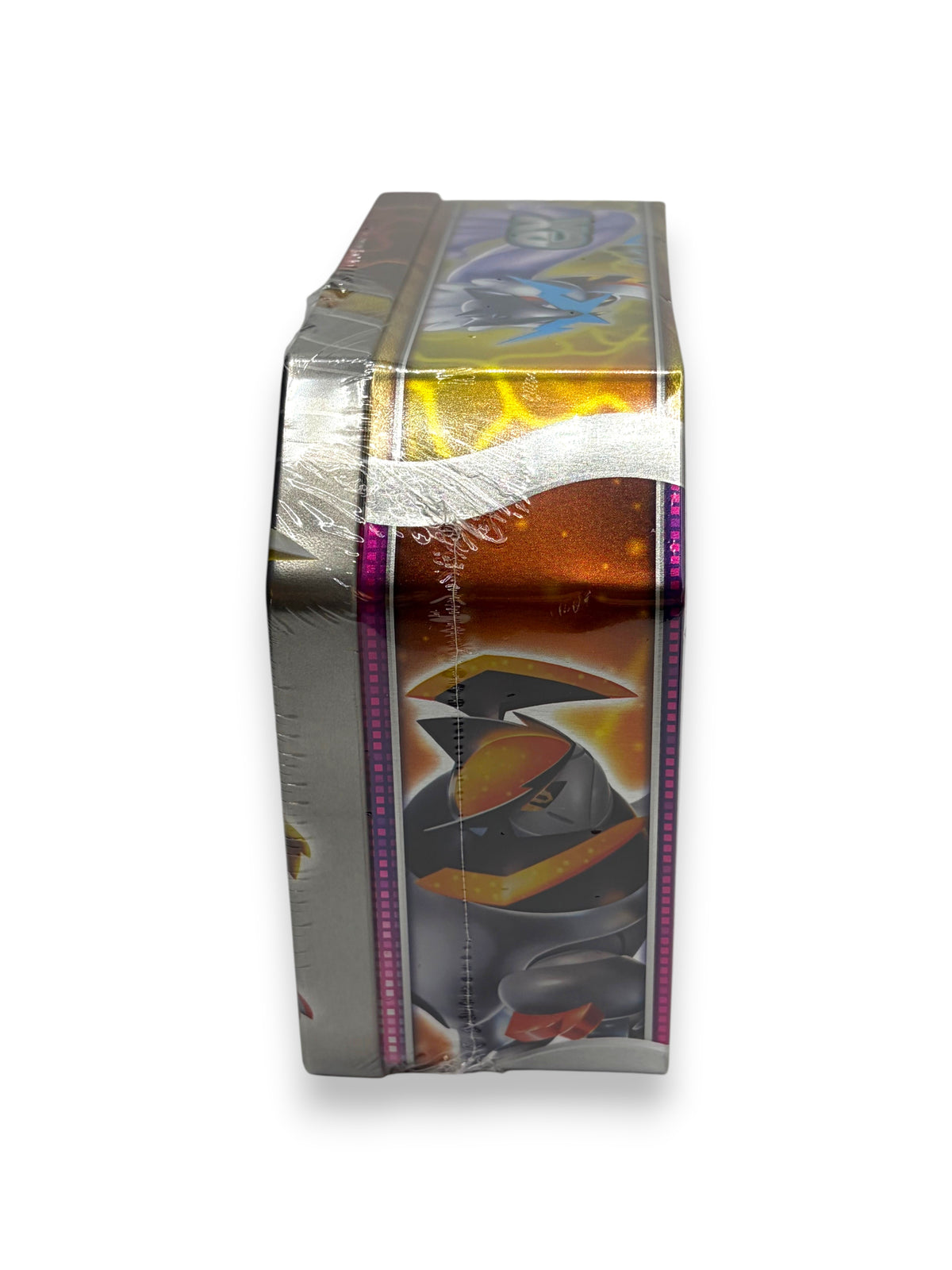 Lowkey Stock sealed Pokemon Paradox Destinies Gouging Fire ex tin side view featuring metallic artwork