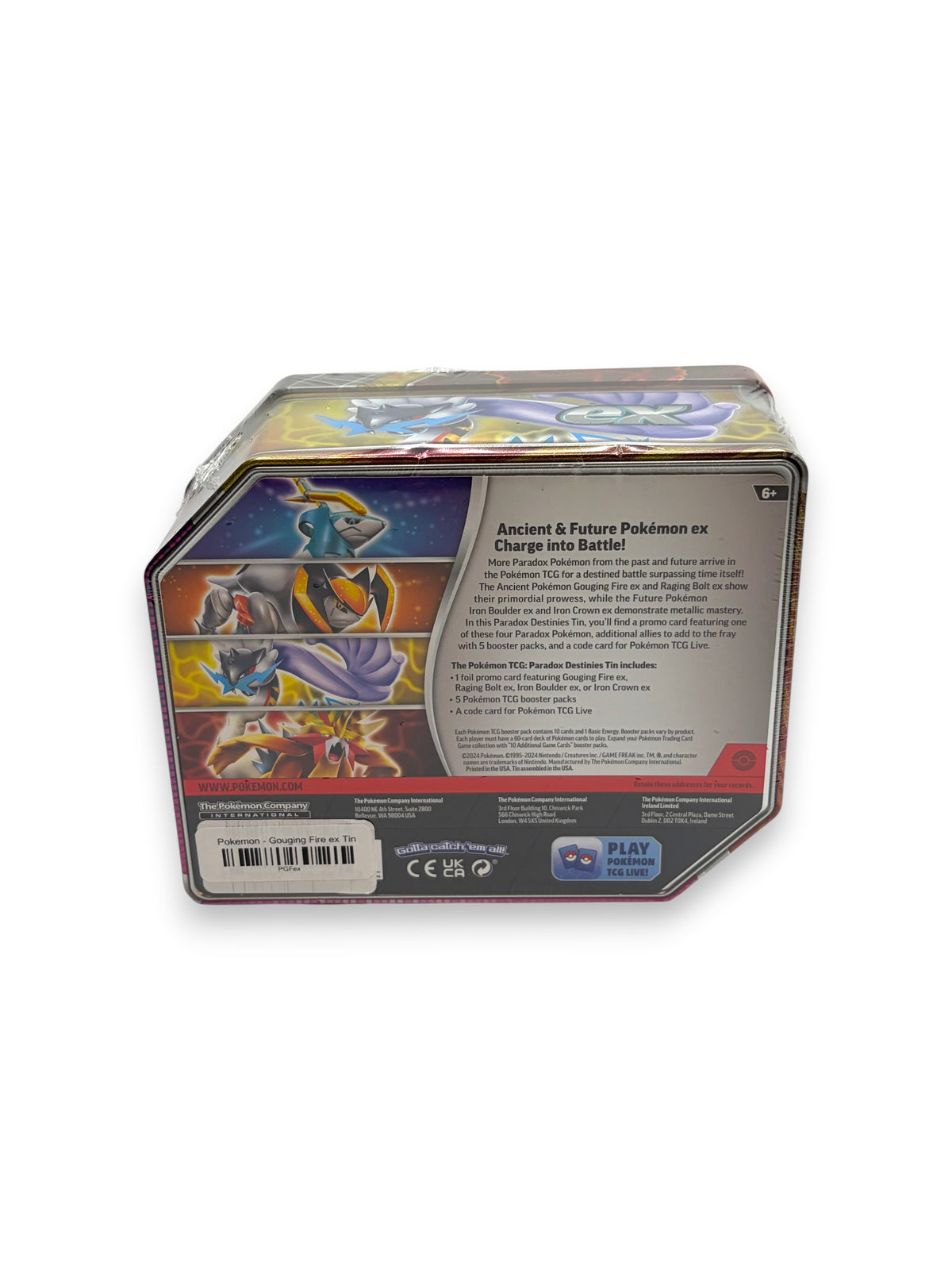 Lowkey Stock Pokemon Paradox Destinies Gouging Fire ex tin featuring Ancient and Future Pokemon card game artwork