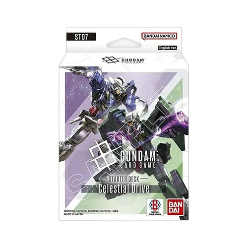 Lowkey Stock Gundam Card Game Celestial Drive ST07 starter deck box featuring a dynamic blue mecha illustration