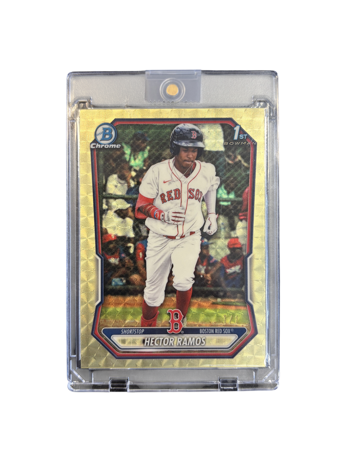 Lowkey Stock Hector Ramos 1/1 Gold Bowman Chrome baseball card featuring the Boston Red Sox prospect in a case.