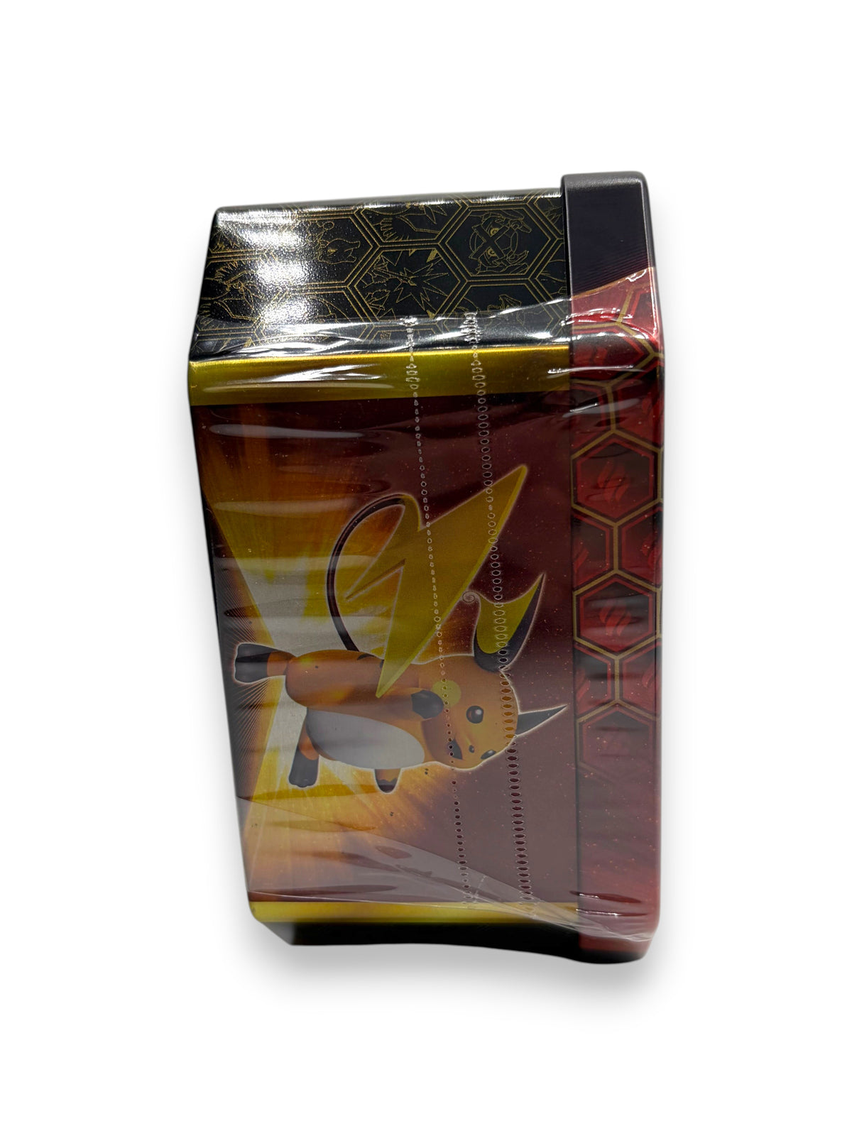 Lowkey Stock Pokémon TCG Hidden Fates Charizard GX tin featuring Raichu artwork, partially sealed metal container.