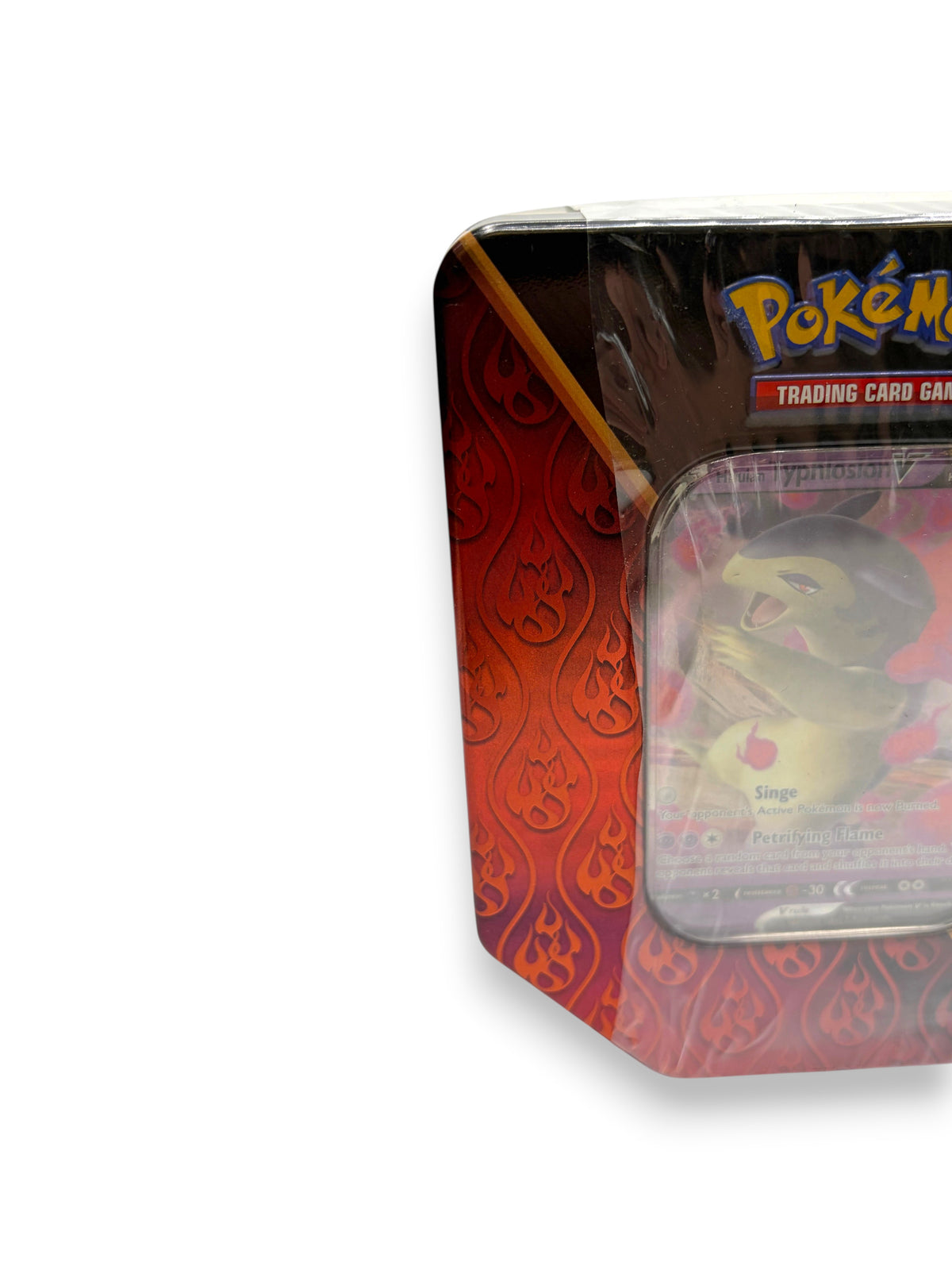 Lowkey Stock Pokemon Divergent Powers Hisuian Typhlosion V tin featuring red flame patterns and partial plastic seal