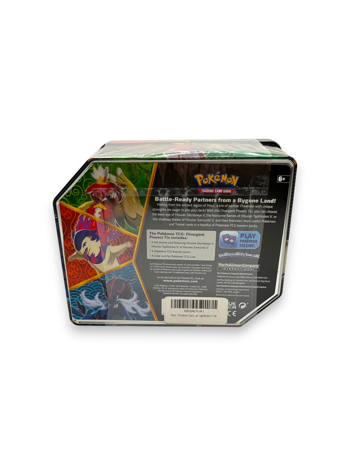 Lowkey Stock Pokemon Divergent Powers Hisuian Typhlosion V trading card game tin featuring vibrant character artwork