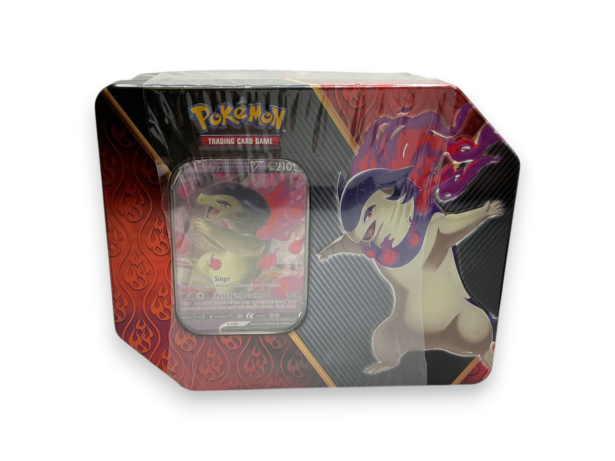 Lowkey Stock Pokemon Divergent Powers Hisuian Typhlosion V trading card tin featuring character art and promo card