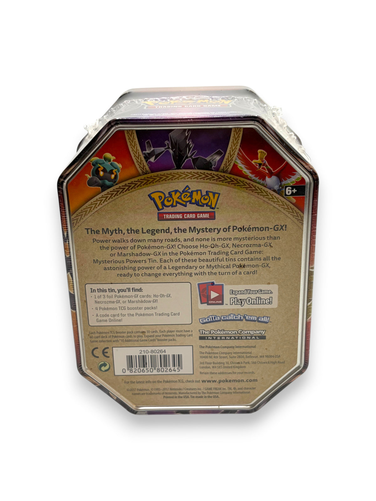 Lowkey Stock sealed Pokémon TCG Ho-Oh GX Mysterious Powers tin back view showing product details and branding