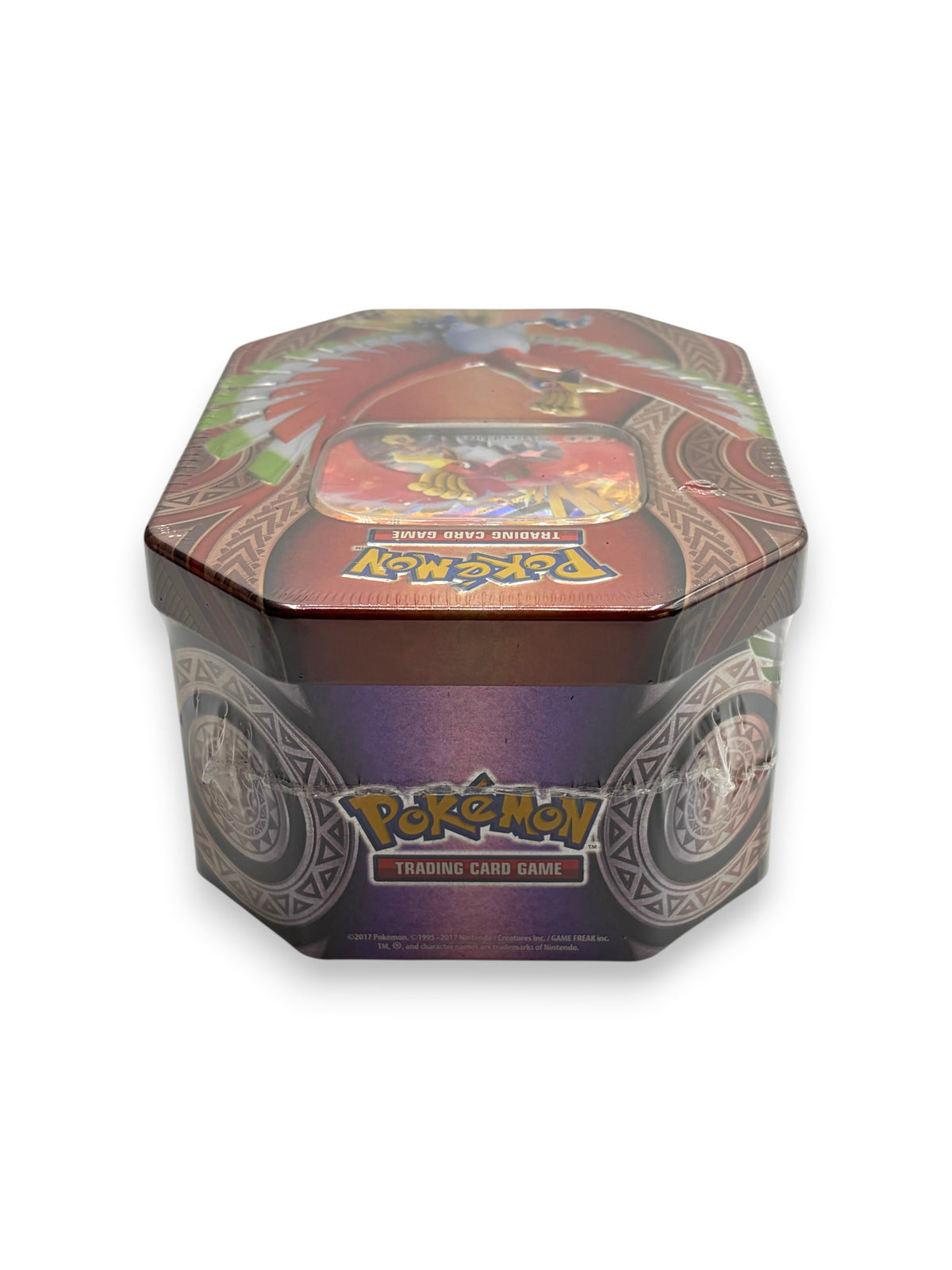Lowkey Stock sealed Ho-Oh GX Mysterious Powers Pokémon TCG collectible metal tin with vibrant red and purple graphics