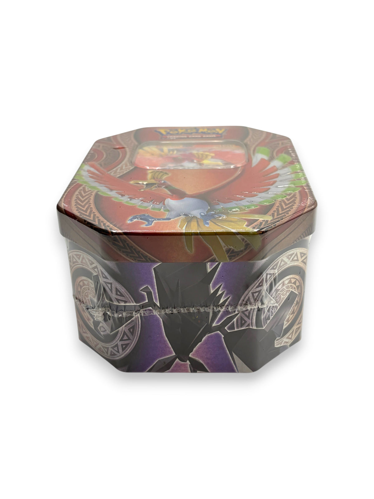 Lowkey Stock sealed Ho-Oh GX Mysterious Powers Pokémon TCG tin with metallic red and purple artwork
