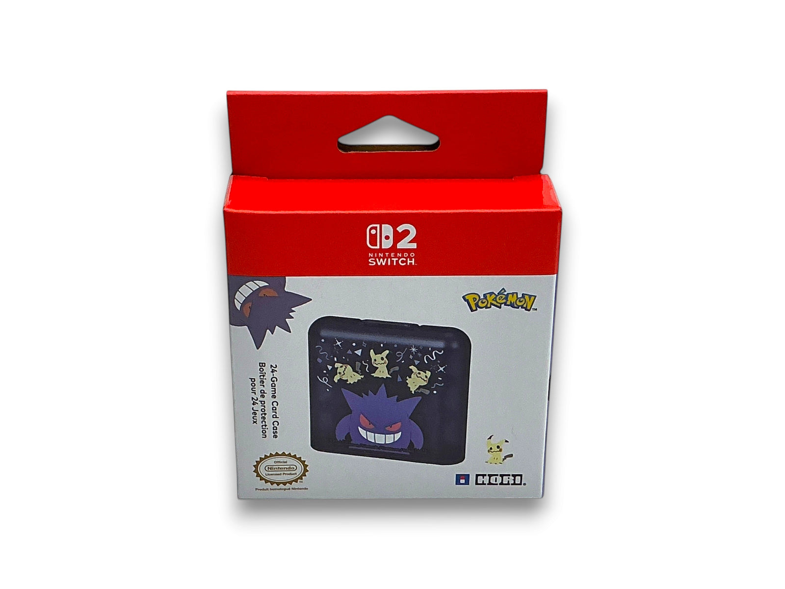 Lowkey Stock Hori 24-game card case for Nintendo Switch featuring Gengar and Mimikyu in retail packaging