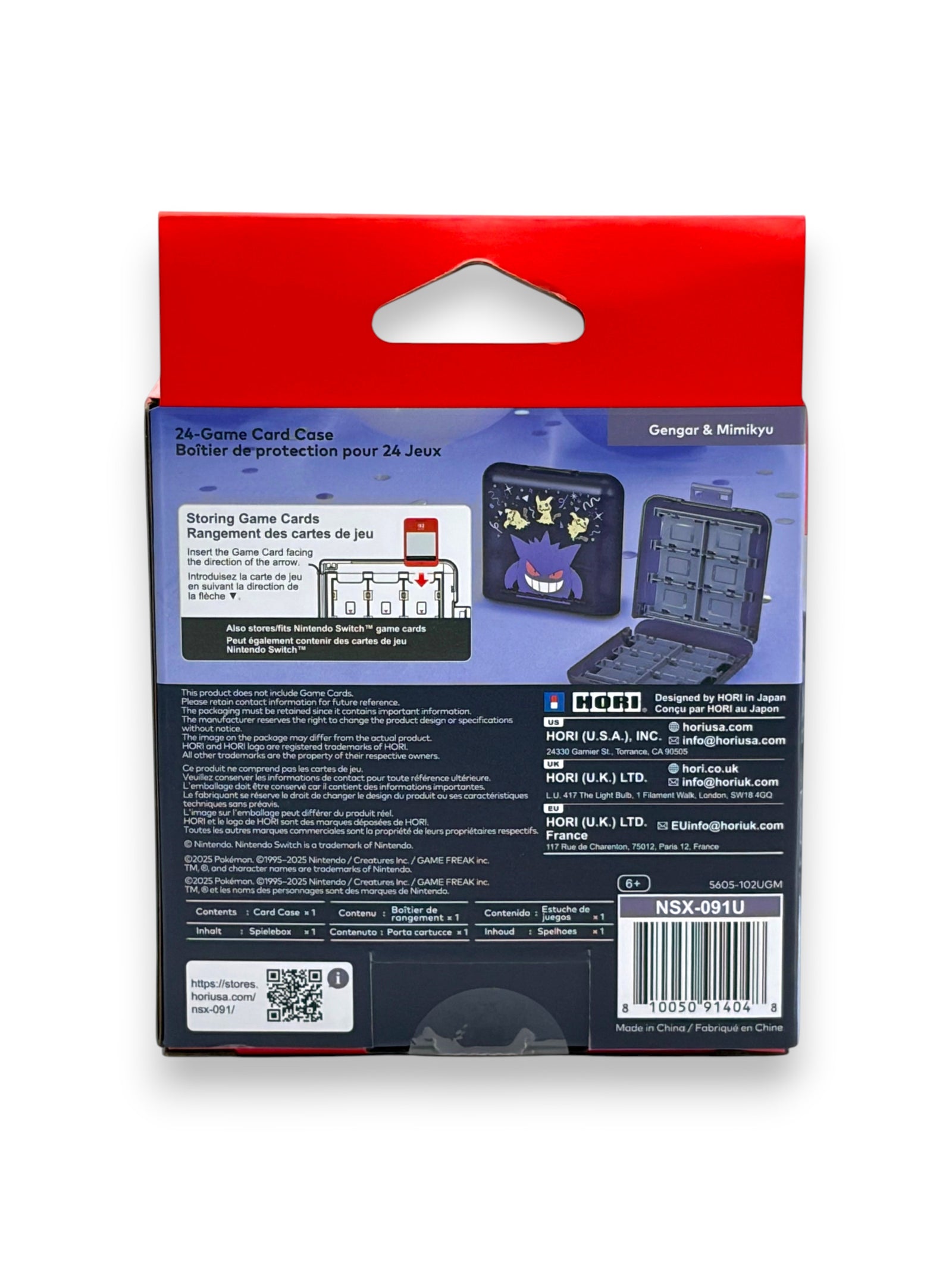 Lowkey Stock Hori 24-game card case featuring Gengar and Mimikyu graphics for Nintendo Switch in retail packaging