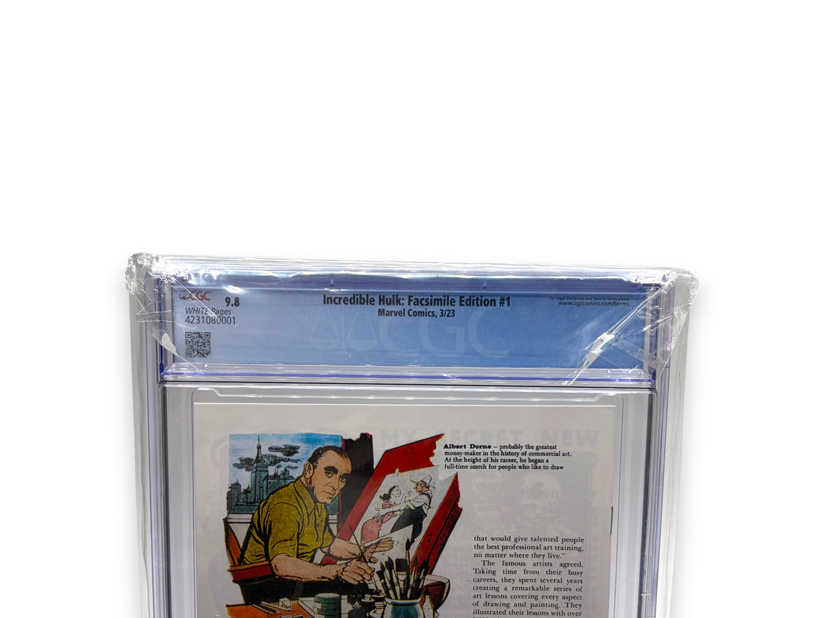 Lowkey Stock CGC 9.8 graded Incredible Hulk Facsimile Edition #1 comic book with white pages in a protective slab