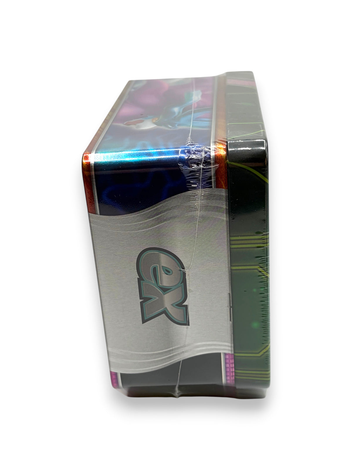Lowkey Stock sealed Pokemon Paradox Clash Iron Leaves ex trading card tin side view with metallic finish