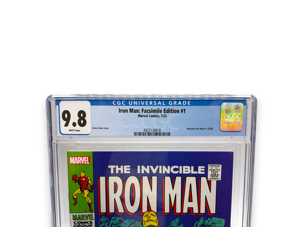 Lowkey Stock graded Iron Man #1 Facsimile Edition comic book in a CGC 9.8 slab with white pages.