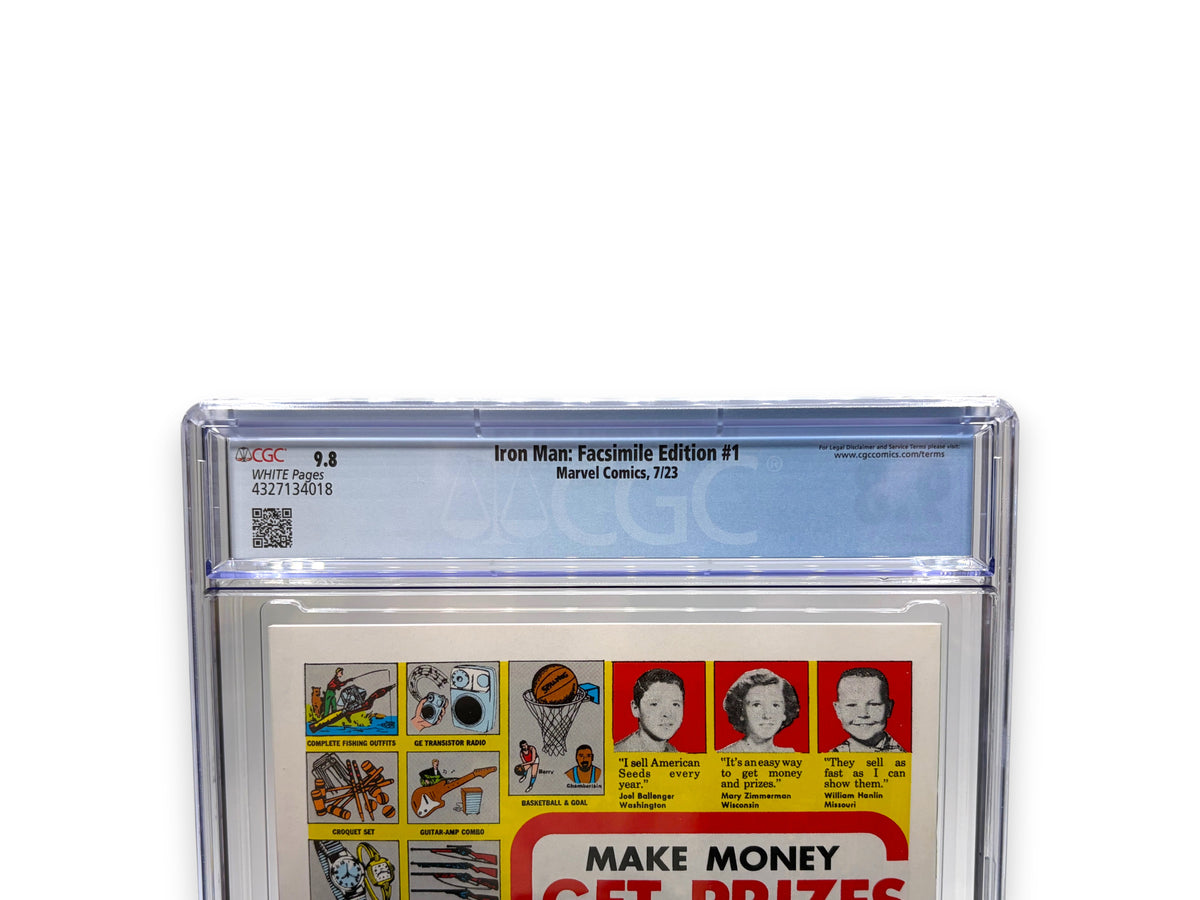 Lowkey Stock Iron Man #1 Facsimile Reprint comic book in a CGC 9.8 graded slab showing the back cover advertisement