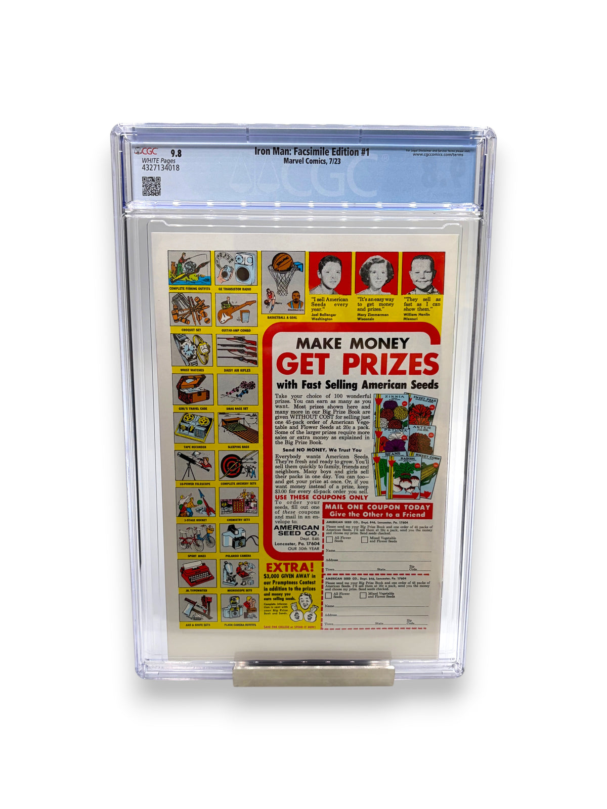 Lowkey Stock Iron Man #1 Facsimile Reprint comic book back cover in a CGC 9.8 graded protective slab