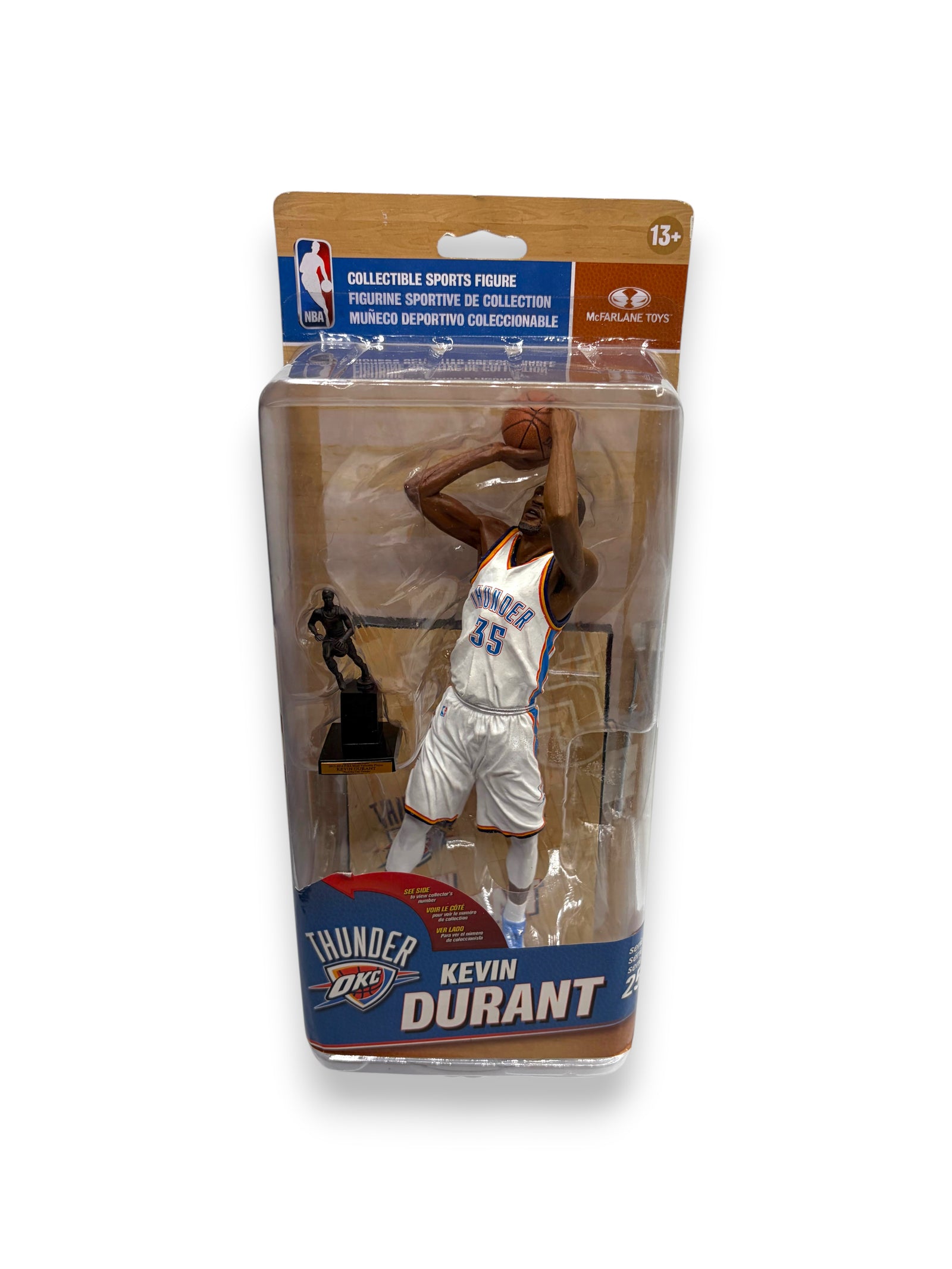 Lowkey Stock McFarlane Toys Kevin Durant Oklahoma City Thunder figure in white jersey with trophy in original packaging